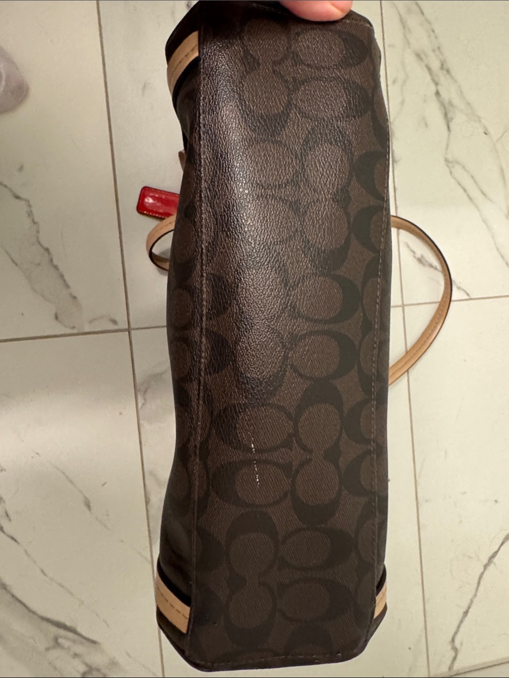 Coach Brown Signature Dome Satchel with Tan Trim and Red Tag - Picture 5 of 9